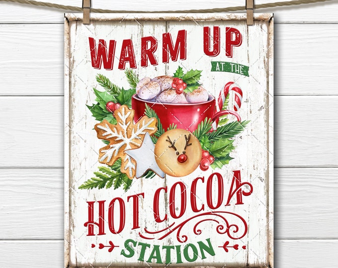 Hot Cocoa Station Christmas Hot Chocolate DIY Xmas Sign Making Fabric Transfer Tiered Tray Decor Wreath Accent Cocoa Bar Wall Decor Print