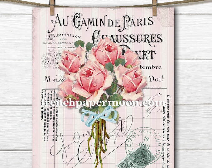 Printable shabby pink vintage roses rose bouquet french graphic pillow image graphic transfer digital