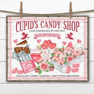 Cupids Candy DIY Valentine Sign, Pink Valentine Sweets, Donuts, Lollipops, Love Potion, Macaron, Fabric Transfer, Tiered Tray Decor, Digital