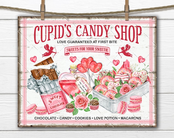 Cupids Candy DIY Valentine Sign, Pink Valentine Sweets, Donuts, Lollipops, Love Potion, Macaron, Fabric Transfer, Tiered Tray Decor, Digital