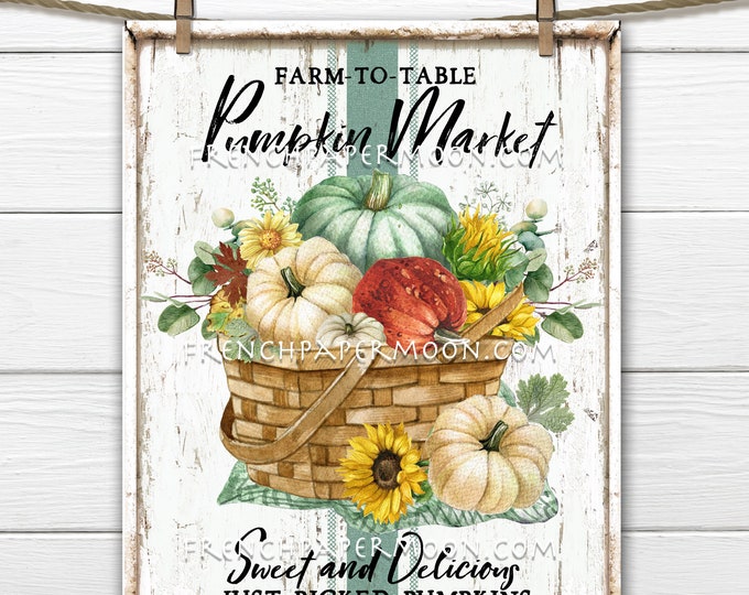 Pumpkin Market, Farmhouse Fall, Digital, Pumpkin Basket, DIY Decor Sign, Wreath Accent, Colorful Pumpkins, Fabric Transfer, Fall Decor,