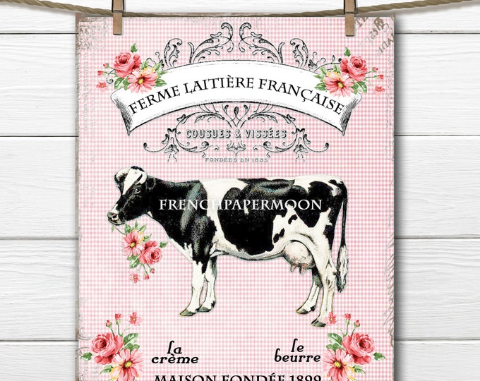 Shabby Digital French Cow Graphic, French Dairy, Flowers, French Graphics, Farmhouse graphic, Fabric Transfer, Kitchen Print