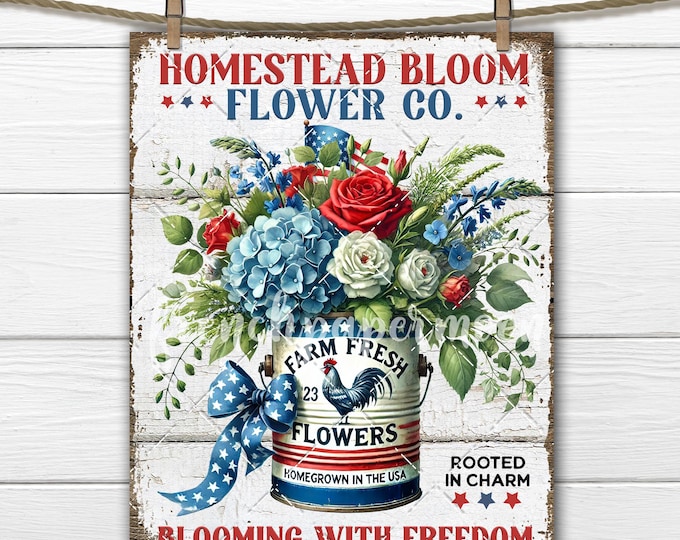 Farmhouse 4th of July Flower Company, Red, White Blue Stars and Striped, American Flag, Patriotic Bouquet, Fabric Transfer, Heat Press, DIY