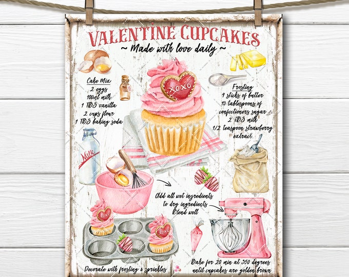 Valentine Cupcake Recipe Digital Print, Cupcake Ingredients, DIY Cupcake Sign, Fabric Transfer, Wreath Accent, Kitchen Print, Home Decor