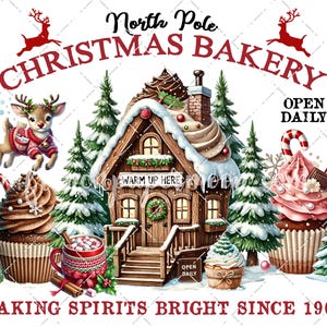 以下が含まれることがあります： ジンジャーブレッドハウス、カップケーキ、トナカイが描かれたクリスマスベーカリーの看板。看板には「北極クリスマスベーカリー」と「毎日営業」と書かれています。