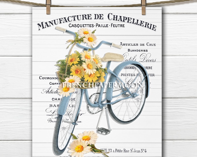 Digital French Shabby Bicycle with Daisies, Daisy Bike, Bike Basket, Printable Bike Graphic, Large Image Transfer Graphic