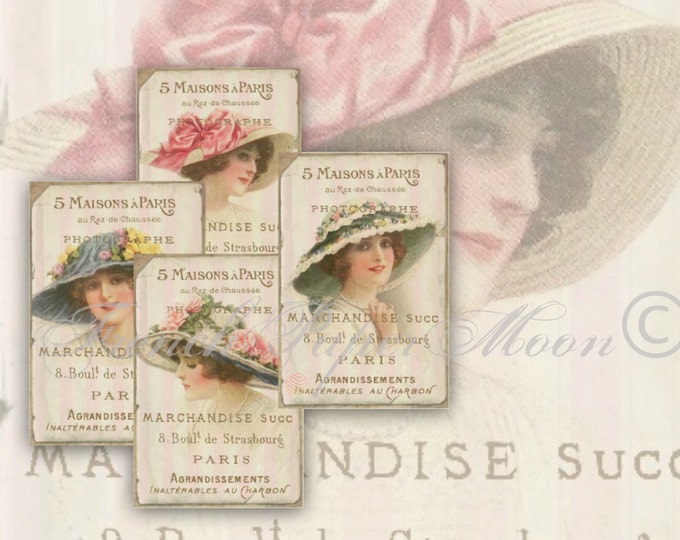 Shabby Digital Victorian Women Collage Sheet, Hat ladies, Printable French Typography Tags