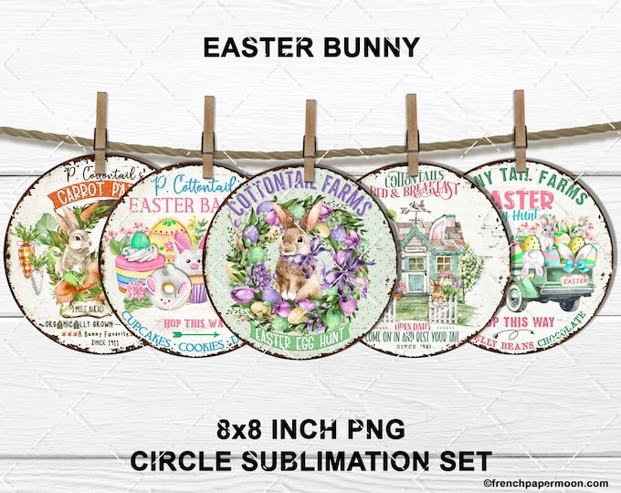 Easter Bunny Circle Sublimation Set Cottontail Easter Candy Truck BandB Round Door Hanger DIY Sign Making Wreath Accent Variety Pack 8x8 PNG