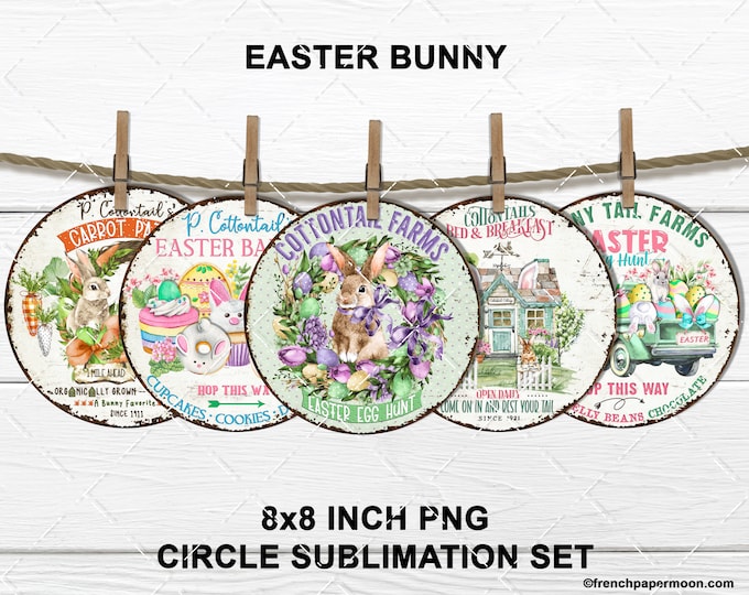 Easter Bunny Circle Sublimation Set Cottontail Easter Candy Truck BandB Round Door Hanger DIY Sign Making Wreath Accent Variety Pack 8x8 PNG