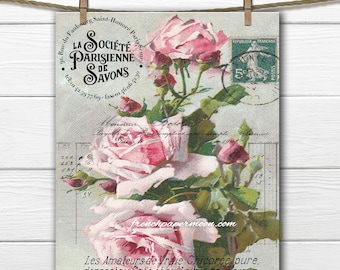 Vintage French Shabby Rose Digital, Large Image, Instant Download, French Rose Pillow Transfer, Scrapbooking