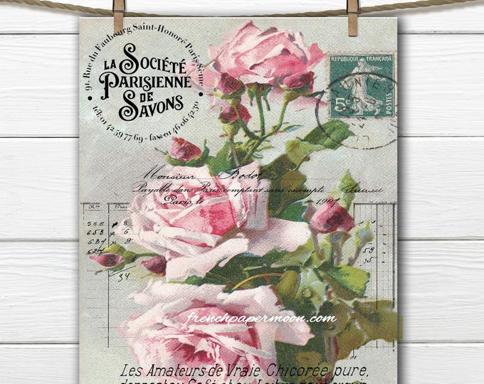 Vintage French Shabby Rose Digital, Large Image, Instant Download, French Rose Pillow Transfer, Scrapbooking