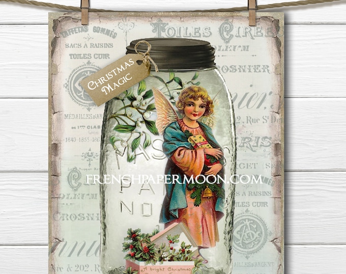 Shabby Mason Jar Christmas Printable, Christmas Magic, Vintage Angel, Mistletoe, Christmas Decor, Craft Digital