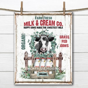 Farm Fresh Milk and Cream Cow Dairy Sign Modern Farmhouse Kitchen Wall Art Farm Style Wreath Decor Making Transfer Digital Print