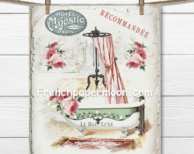 Victorian Bathtub, French Bathroom Printable, Vintage Shabby Flower Bathtub Print, Instant Download Bathroom Print, Bath Graphic Transfer