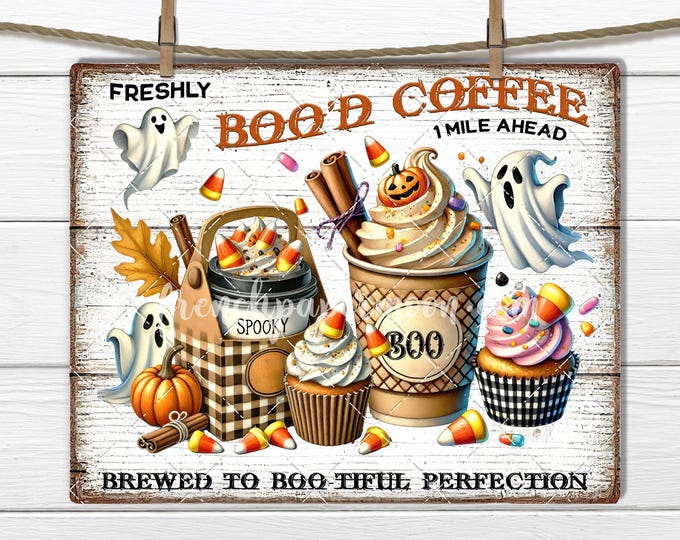 Halloween Digital Freshly Boo'd Coffee, Spooky Drinks, Ghosts, Candy Corn, Cupcakes, Kitchen Decor, PNG Sublimation, Tiered tray printable