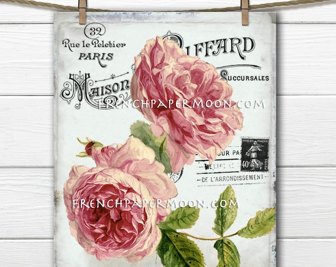 French Shabby Victorian Roses, Antique Pink Roses, Digital French Rose Graphic, Ephemera, Postcard, French Pillow Image, PNG