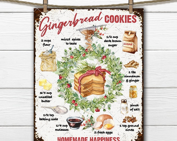 Christmas Gingerbread Cookies Recipe Digital Print Ingredients, DIY Xmas Sign, Fabric Transfer, Wreath Accent, Kitchen Print, Home Decor