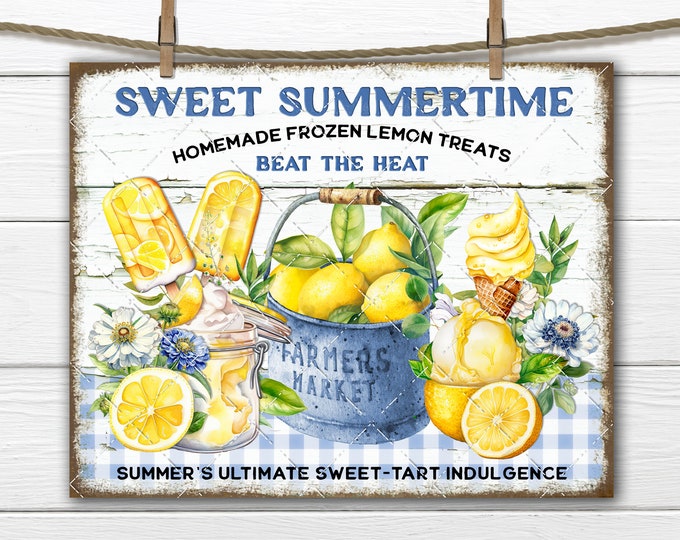 Summer Lemons Homemade Ice Cream Waffle Cones Popsicles Gelato DIY Sign Making Fabric Transfer Tiered Tray Home Decor Digital Print Wood PNG