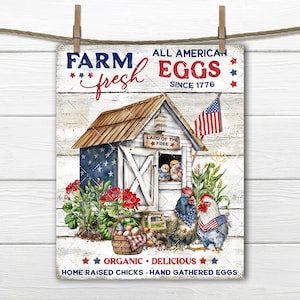 Patriotic Rustic Farmhouse Chicken Coop 4th July American Flag Chickens Rooster DIY Sign Making Fabric Transfer Tiered Tray Home Decor PNG