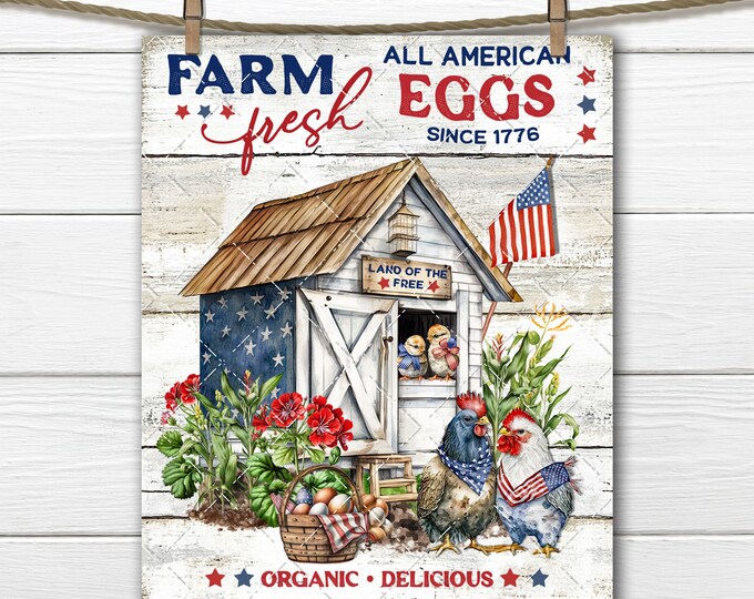 Patriotic Rustic Farmhouse Chicken Coop 4th July American Flag Chickens Rooster DIY Sign Making Fabric Transfer Tiered Tray Home Decor PNG