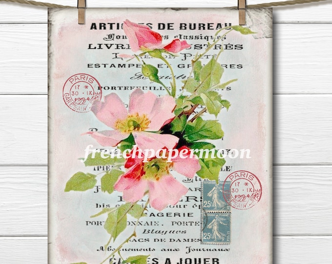 Shabby Chic Digital Roses, French Rose Download, French Rose Collage Sheet, French Pillow Transfer Graphic