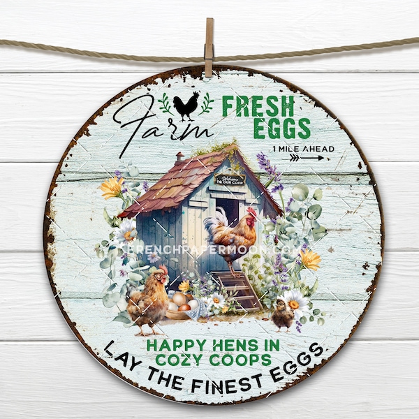 Farm Fresh Eggs Farmhouse Chicken Coop Circle DIY Sign Making Fabric Transfer Door Hanger Home Decor Wreath Accent Round Digital Image 8x8