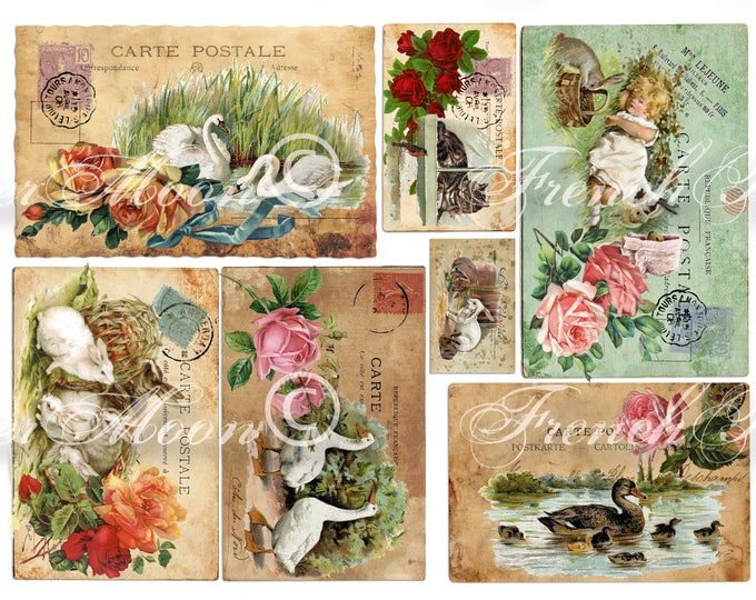 Vintage Digital Farmhouse Animals, Printable French Postcards, Shabby ...