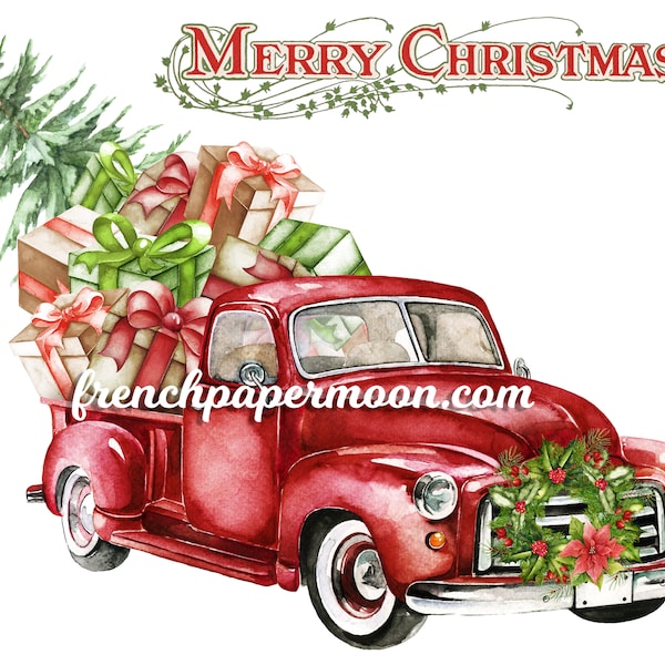 Red Christmas Truck Digital, Presents, Christmas Tree Pickup, Xmas Christmas Pillow, Fabric Transfer, Iron On Fabric, DIY Christmas Crafts