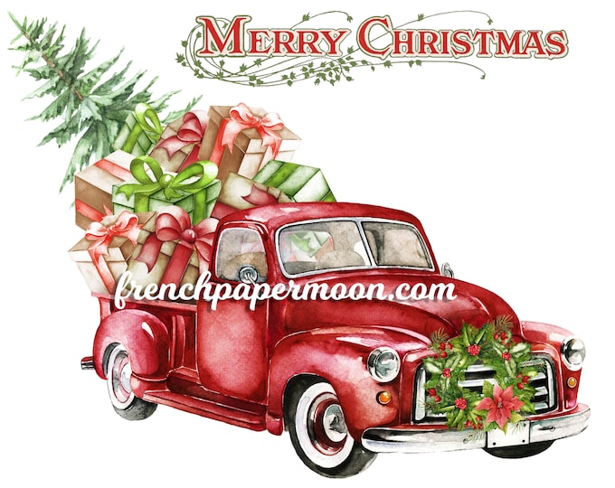 Red Christmas Truck Digital, Presents, Christmas Tree Pickup, Xmas Christmas Pillow, Fabric Transfer, Iron On Fabric, DIY Christmas Crafts