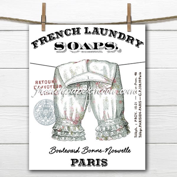 French Laundry Graphic, Digital Shabby, Pantaloons, Victorian Bloomers, Laundry Room Print, Clothes-line, Digital Download, Fabric Transfer