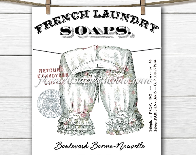 French Laundry Graphic, Digital Shabby, Pantaloons, Victorian Bloomers, Laundry Room Print, Clothes-line, Digital Download, Fabric Transfer