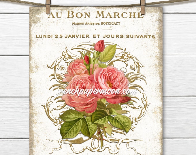 Shabby Victorian Rose Printable, French Rose Fabric Transfer, Pillow Image, Antique French Ephemera, Transparent, Decoupage, Sewing