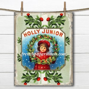 Ragazza di agrifoglio di Natale vintage, corona di agrifoglio, annuncio di Natale, grafica di trasferimento stampabile, immagine del cuscino, download istantaneo, grande dimensione