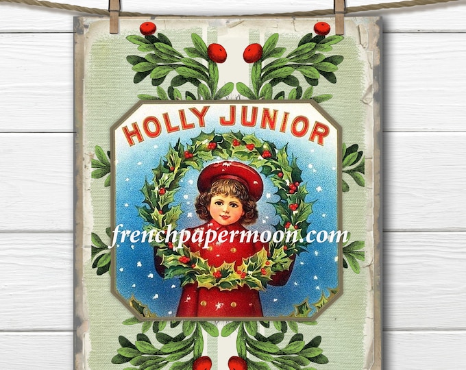 Vintage Christmas Holly Girl, Holly Wreath, Xmas Ad, Printable Transfer Graphic, Pillow Image, Instant Download, Large Size