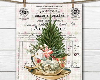 Weihnachten Teetasse Digitaldruck, Weihnachtsgrün, Französische Weihnachtsgrafik, Kissen Bild, Mini Weihnachtsbaum, Sublimation, Bastelbedarf