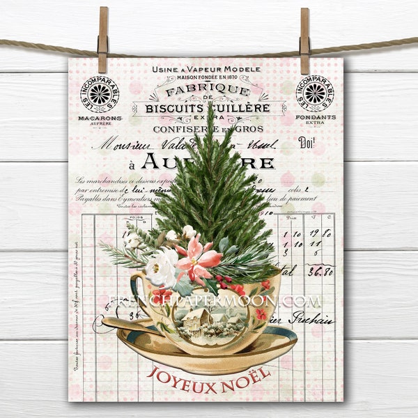 Christmas Teacup Digital Print, Xmas Greens, French Christmas Graphic, Pillow Image, Mini Christmas Tree, Sublimation, Craft Supply