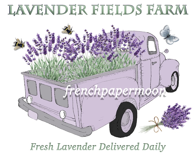 Lavender Truck, Digital Hand-drawn Farm Truck, Watercolor Lavender  Large Image Graphic Transfer Farm-style Pillow Image Crafts