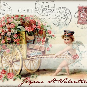 Shabby Joyeux St Valentine, French Valentine Postcard, Cherub with Cart, French Pillow Image, French-Country,  Cottage Decor, PNG