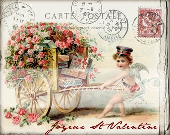 Shabby Joyeux Saint-Valentin, carte postale de la Saint-Valentin, chérubin avec chariot, image de coussin Français, campagne française, décoration de chalet, PNG