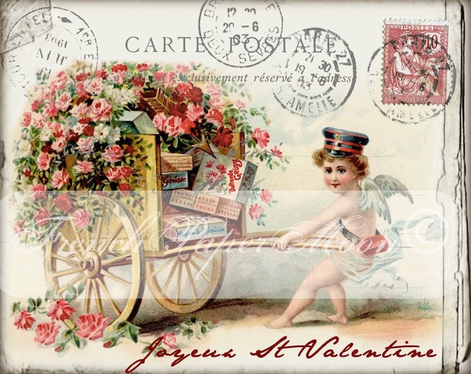 Shabby Joyeux St Valentine, French Valentine Postcard, Cherub with Cart, French Pillow Image, French-Country,  Cottage Decor, PNG