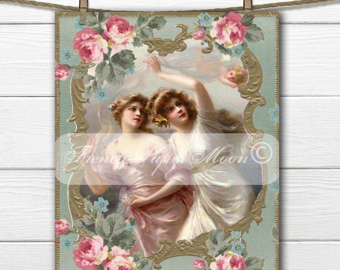 Shabby Chic, Digital Romantic Victorian Women, Angels, Roses, Romantic Pillow Transfer Image, Vintage Iron On Graphic, Instant Download