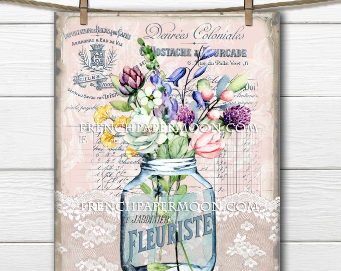 French Flower Printable, Spring Floral Bouquet, Vase Flowers, French Pillow Image, Mothers day, Crafts,, Decoupage, Transparent