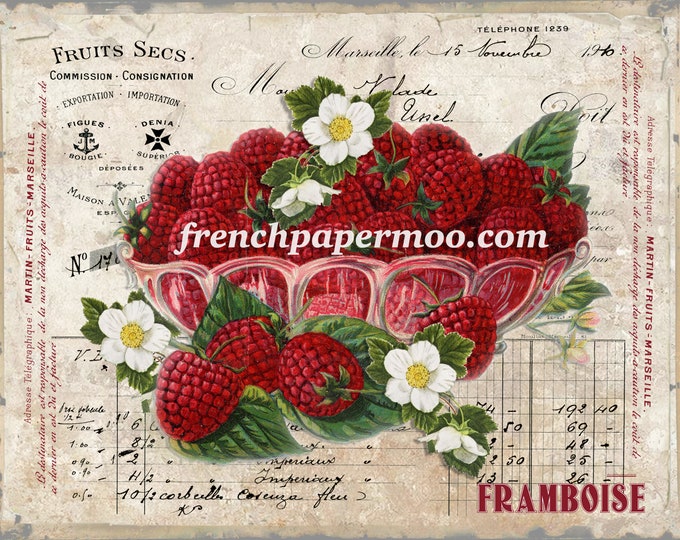 Vintage French Raspberry Digital, French Fruit Graphic, Fabric Block Image, Pillow Image, Botanical Print, French Decor, Crafts