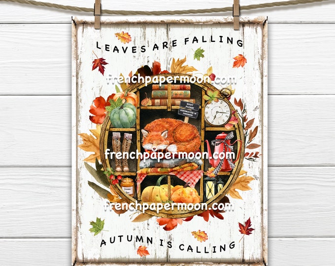 Woodland Fall Fox, Cozy Fall, Fall Essentials, Autumn Wreath, Leaves, Pumpkins, Fall Decor Sign, Round Door Hanger, Image Transfer, PNG