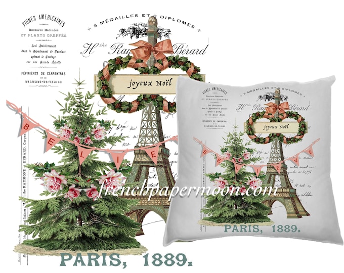 Digital Believe in Christmas Graphic, Shabby Roses, French Typography, Christmas Pillow, Printable Graphic Transfer Image 0116