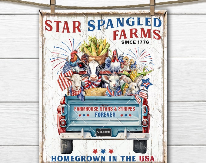 Patriotic Farmhouse Truck 4th of July Farm Animal Red White Blue Stars and Stripes DIY Sign Making Fabric Transfer Tiered Tray Decor Digital