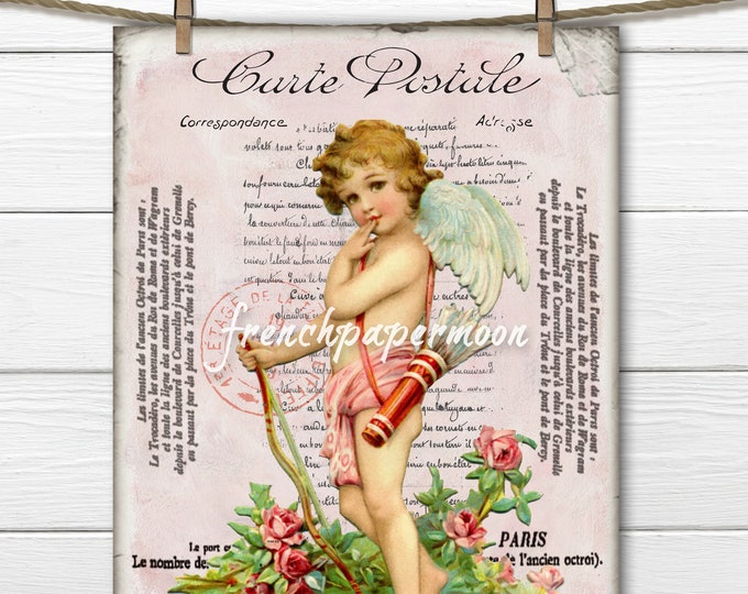 Vintage Shabby Cupid Printable with French Graphics, Pink Valentine Image, Valentine Crafts, Large Size, Instant Download