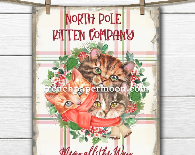 Christmas Cat Digital, Xmas Kittens, North Pole Kittens, DIY Christmas Sign, Wreath Attachment, Pillow Image, Cat-lover, Xmas Cat, PNG