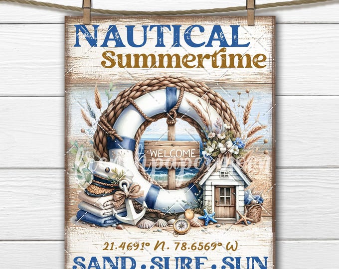 Nautical Summer Sand Surf Sun Digital Print, Summertime PNG Sublimation, Ocean Print, DIY Signs, Beach Decor, Cutting Board, Tiered Tray