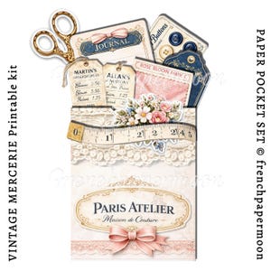 May include: A vintage-themed paper pocket set with scissors, tags, and buttons. The set includes a tape measure, floral accents, and the text "PARIS ATELIER Maison de Couture". The design features a soft color palette of pink, cream, and blue.